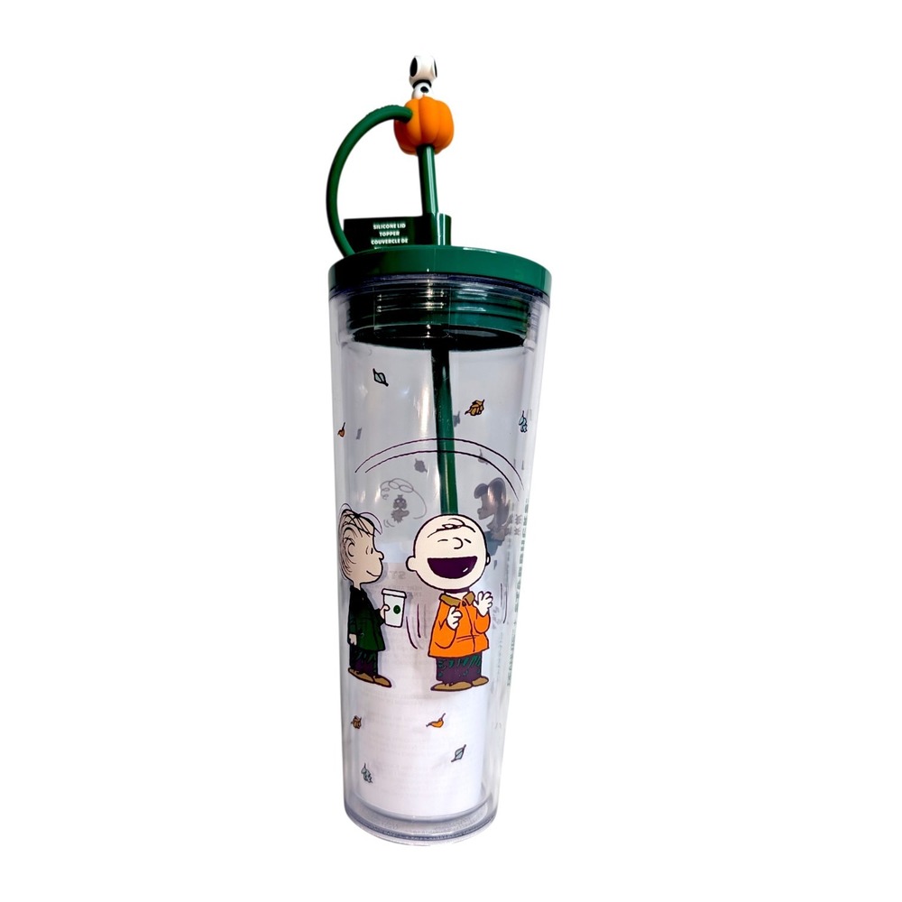 Starbucks Peanuts Charlie Brown Snoopy Fall Pumpkin Straw Topper Tumbler 24oz